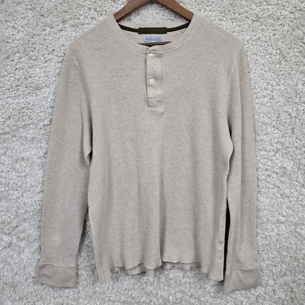 Wallace & Barnes Henley Men XL Oatmeal Waffle Knit Thermal Long‎ Sleeve Rugged